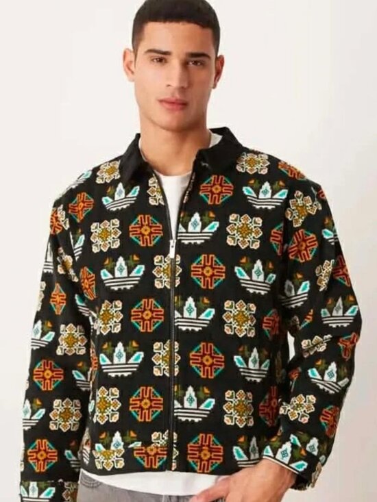 adidas Other - Adidas Black Ccorduroy Monogram Allover Print Loose Coach Jacket M